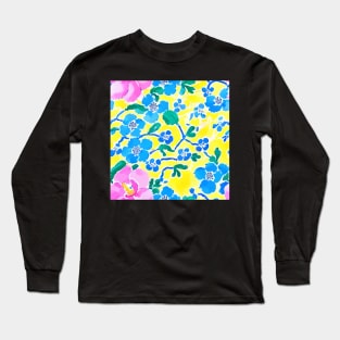 Pink and blue preppy flowers on yellow Long Sleeve T-Shirt